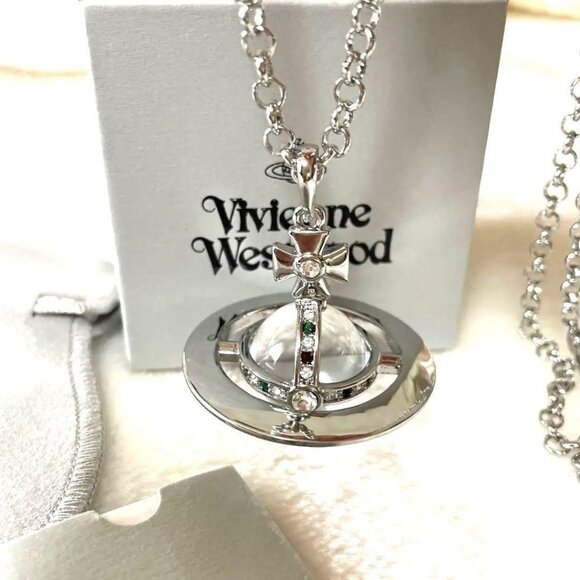 Vivienne Westwood Small Orb Necklace Clear Silver Color Pendant with drawstring - Picture 1 of 7